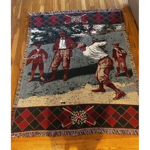 Vintage Crown Crafts Old‎ Time Golf Lap Throw Tapestry Blanket Fringe 59x48